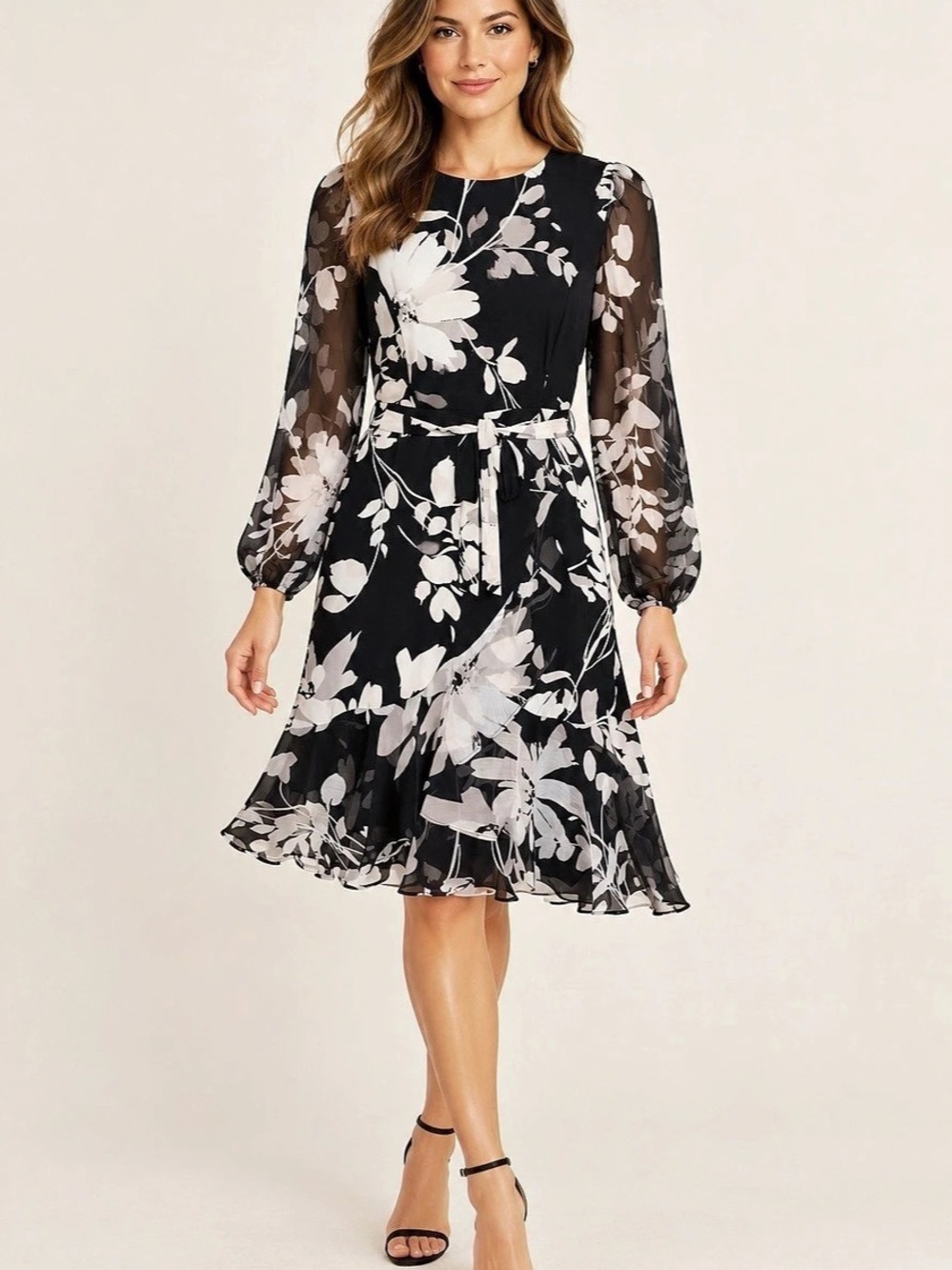 Tommy Hilfiger Long Chiffon Balloon Sleeve Floral Midi Dress Black & White 2P